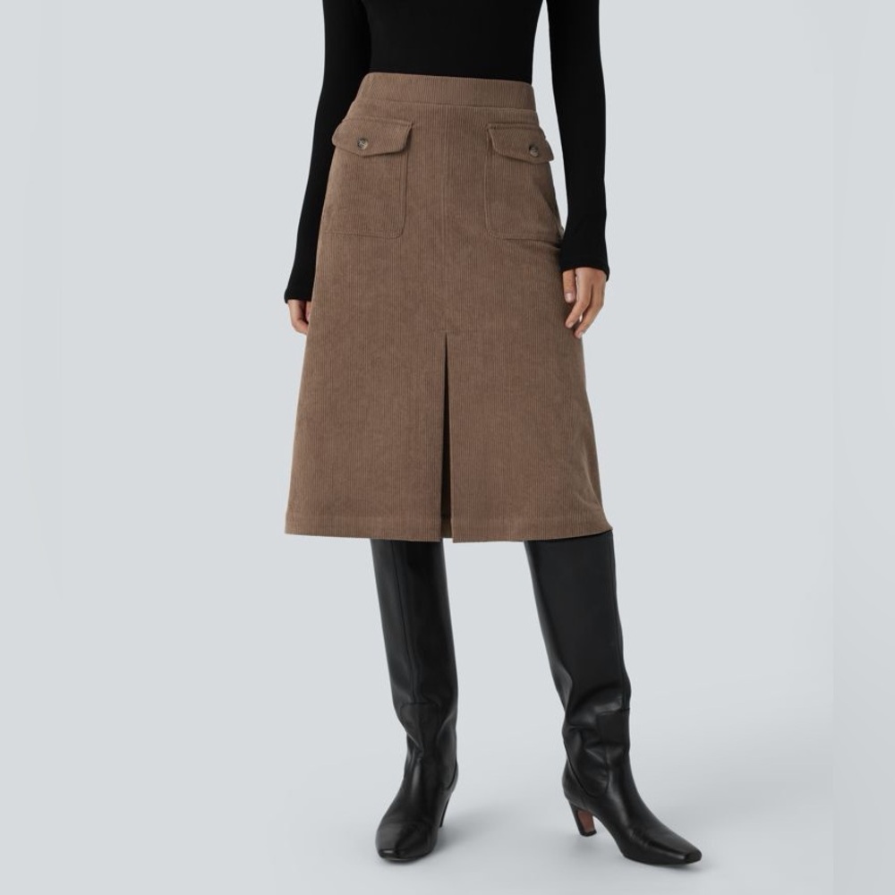 NEW Halara AuraCord™ Mid Rise Front Side Flap Pocket Midi Corduroy Casual Skirt